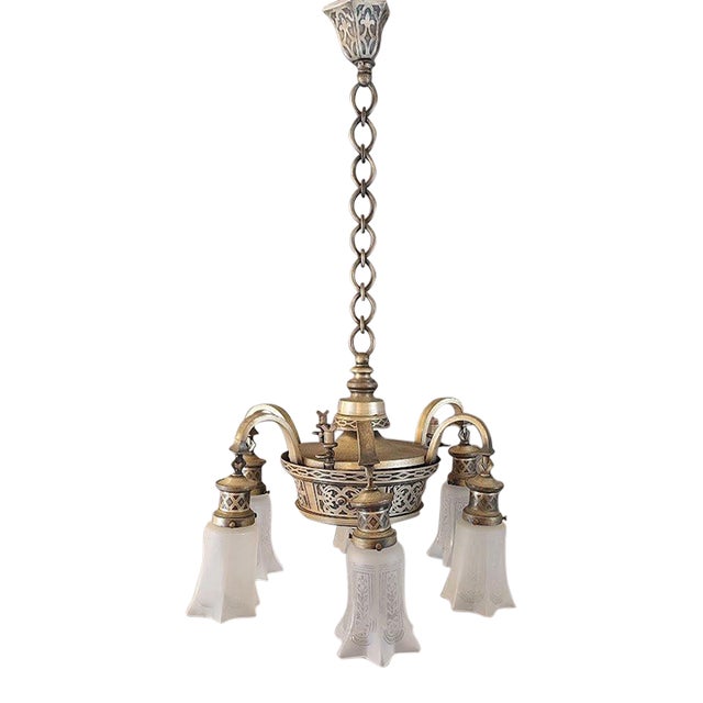 Early 20th Century Arts & Crafts Gas-Electric Chandelier With Original Silver Finish For Sale
