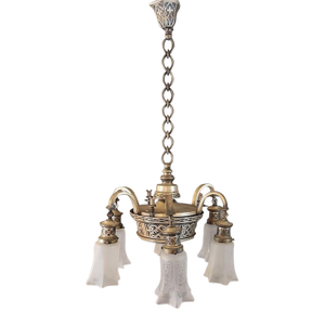 Early 20th Century Arts & Crafts Gas-Electric Chandelier With Original Silver Finish