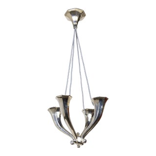 Early 20th Century Silver Plated Solid Bronze 4-Light Horn Chandelier For Sale