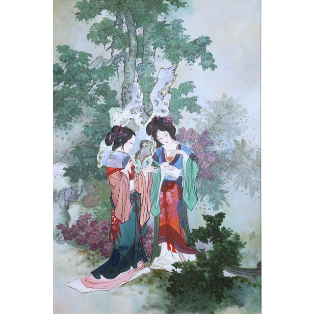 Hua Sanchuan Viewing Flowers Contemporary Figurative Asian Acrylic Painting on C For Sale - Image 4 of 8