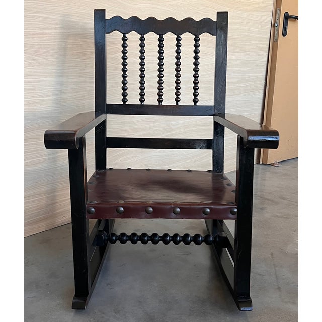 Spanish 19th Century Spanish Pair of Rocking Carved Armchairs With Leather Seat & Back For Sale - Image 3 of 12