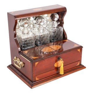 Antique Satin Wood Three Cut Crystal Decanter Tantalus and Games, 1890s, Set of 6 For Sale