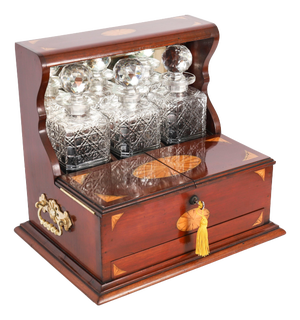 Antique Satin Wood Three Cut Crystal Decanter Tantalus and Games, 1890s, Set of 6