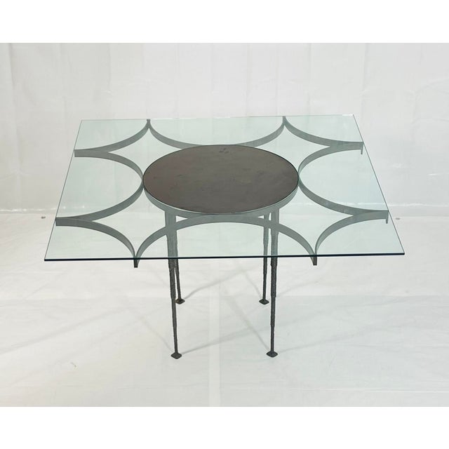 Brutalist Vintage Brutalist Dining Table With Glass Top and Sculptural Textured Metal Base For Sale - Image 3 of 18