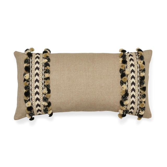 Textile Contemporary Schumacher Piet Performance Linen Flax Two-Sided Pillow With Maracana Pom Tape For Sale - Image 7 of 7