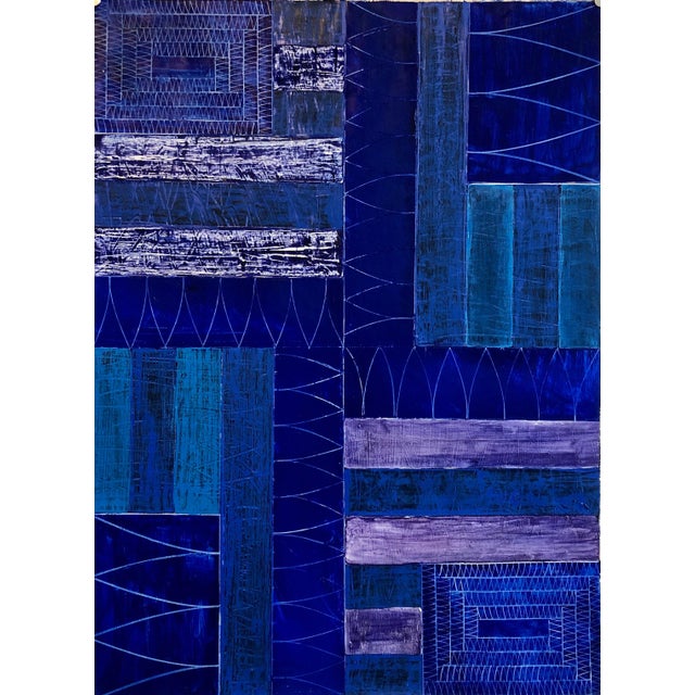 Abstract Expressionism Joan Kahn, Joan Kahn Indigo Denim Blue Color Abstract Expressionist Modernist Oil Painting, c.1980's For Sale - Image 3 of 14