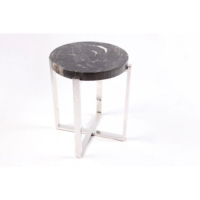Round Petrified Wood Top W Stainless Steel Stand Accent Table or Side Table 71 For Sale - Image 4 of 5