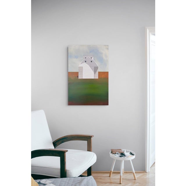 White On the Outskirts by Justin Wheatley | Acrylic on Canvas White Barn in Open Field For Sale - Image 8 of 11
