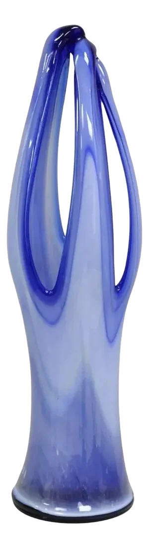 Vintage Murano Italy Mid Century Modern Blue Blown Glass Centerpiece Vase