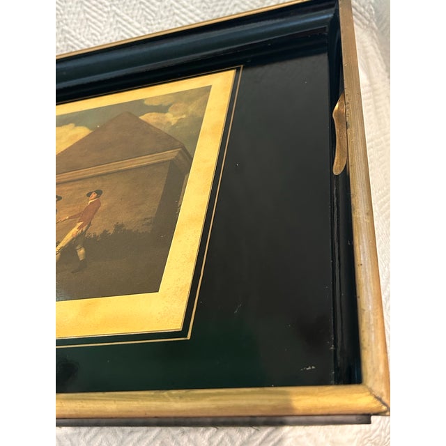 Black Vintage Abercrombie & Fitch English Black Lacquer Wood Serving Tray With George Stubbs “Eclipse” Equestrian Print For Sale - Image 8 of 13