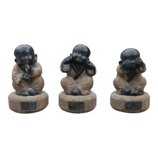 Large Set 3 Black Gray Brown Stone Kid Monk Lohon Do No Evil Figures For Sale