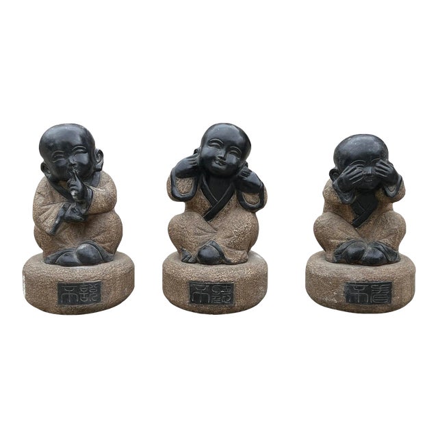 Large Set 3 Black Gray Brown Stone Kid Monk Lohon Do No Evil Figures For Sale