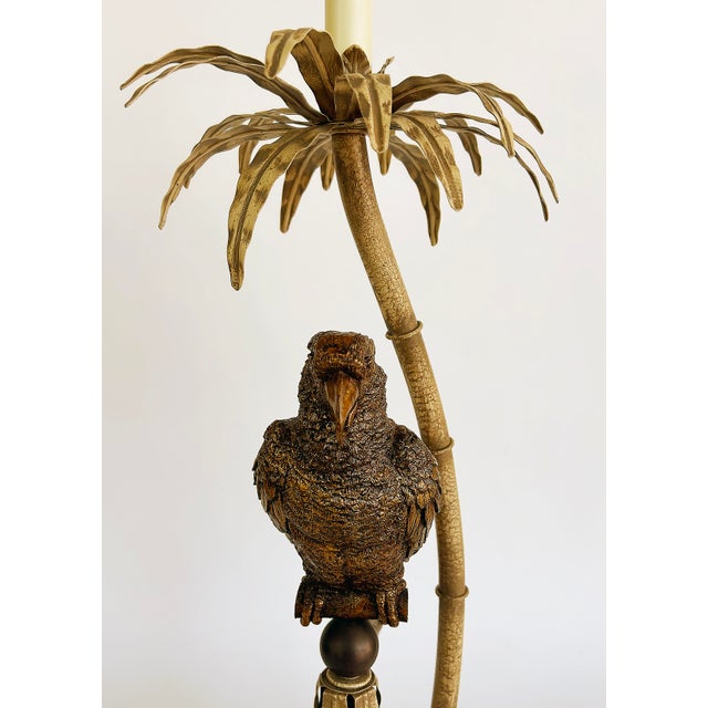 Late 20th Century Palm Beach Chic Brass Macaw Parrot Tole Palm Tree Lamp For Sale - Image 4 of 11