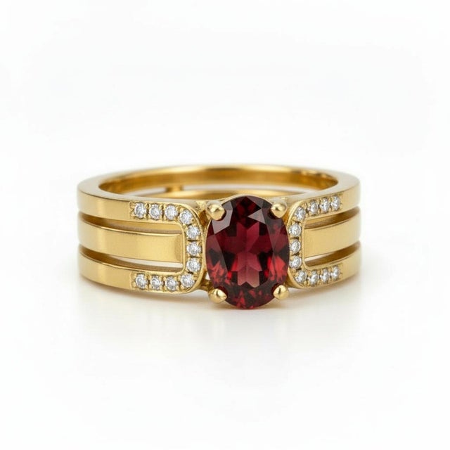 Modern Split Shank Oval Garnet Engagement Silver, Gold Ring, Size 9.5 For Sale - Image 3 of 6