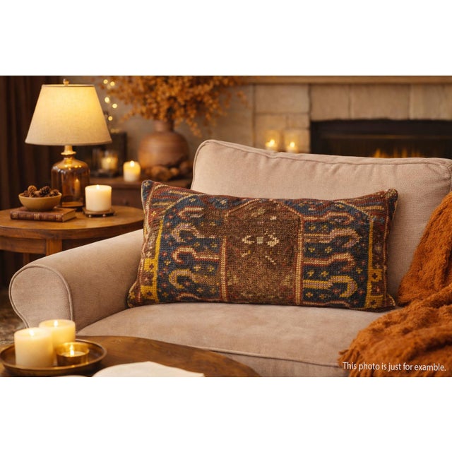 Art Deco Authentic Antique Caucasian Rug Pillow Cover – Low‑Pile Wool Textile -15'' X 32'' For Sale - Image 3 of 8