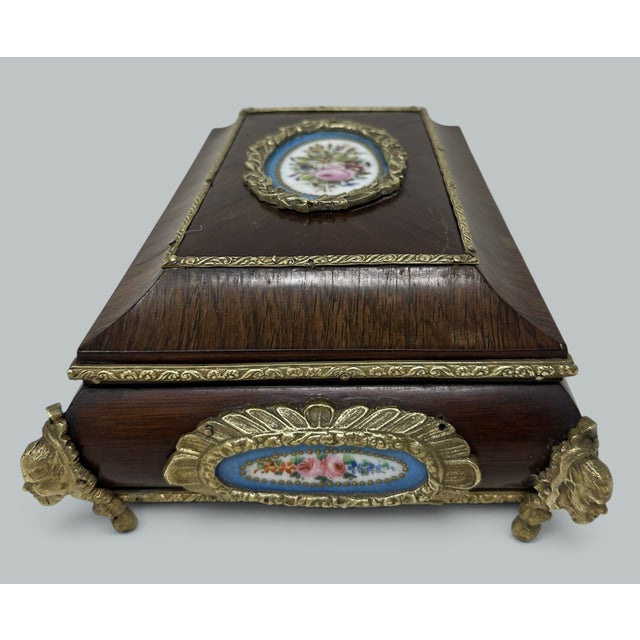 Antique French Sevres Porcelain Jewelry Wooden Regency Jewellery Box Casket 19Ct For Sale - Image 9 of 10