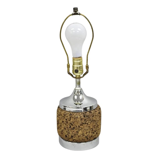 Vintage Mid Century Modern Small Chrome & Cork Space Age Retro Table Lamp For Sale