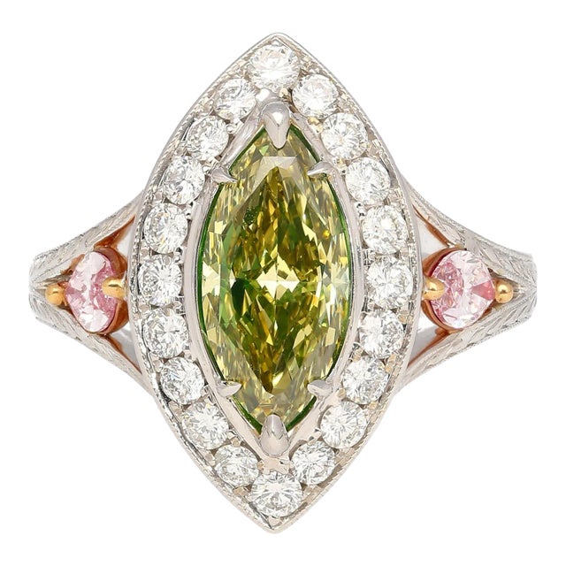 Gia Certified 1.92 Carat Brownish Greenish Yellow Marquise Cut Diamond Ring Size 5.75 For Sale