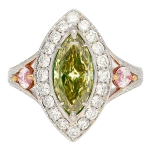 Gia Certified 1.92 Carat Brownish Greenish Yellow Marquise Cut Diamond Ring Size 5.75