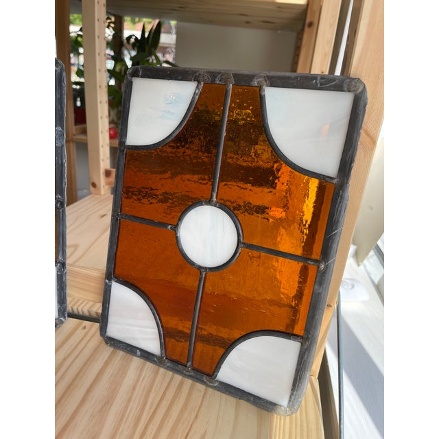Pair of Vintage Amber and White Stained Glass Window Panels For Sale - Image 10 of 10