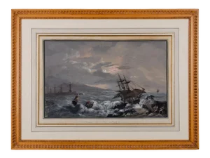 Camillo De Vito "View From Naples Pier" Gouache Painting C.1820s
