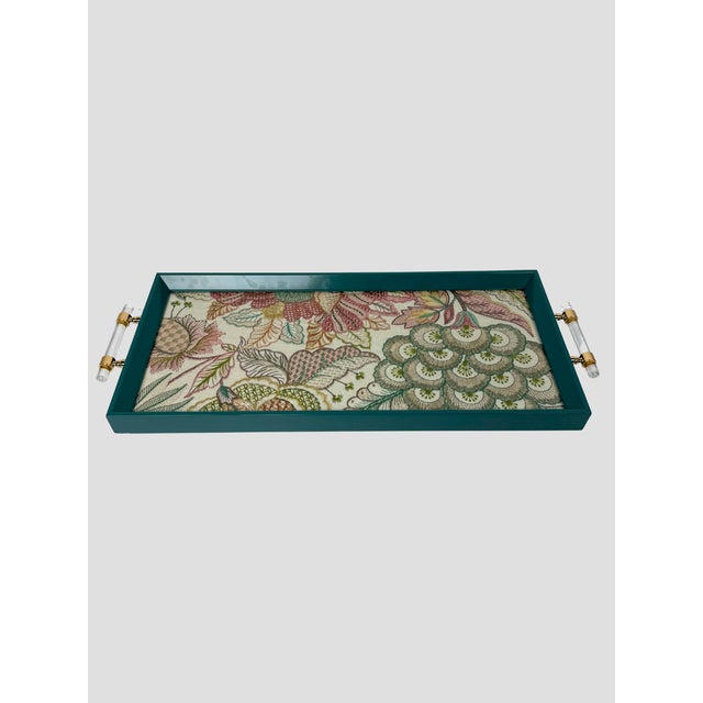 Custom Made by Trouvaille Home Teal Tray with Lee Jofa Embroidered fabric. Acrylic encasing the tray insert, acrylic...