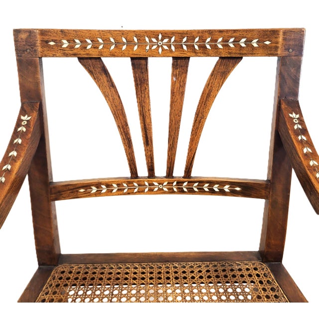 Antique English Anglo - Indian Carved & Inlaid Caned Seat Desk Armchair For Sale - Image 11 of 18