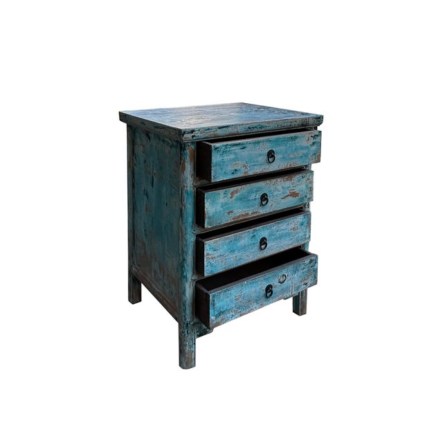 Abstract Distressed Aqua Turquoise Blue 4 Drawers End Table Nightstand For Sale - Image 3 of 5