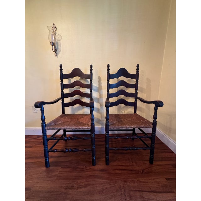 Antique French Country Ladderback Chairs With Rush Seats, Pair, Late 19th Century For Sale - Image 10 of 11