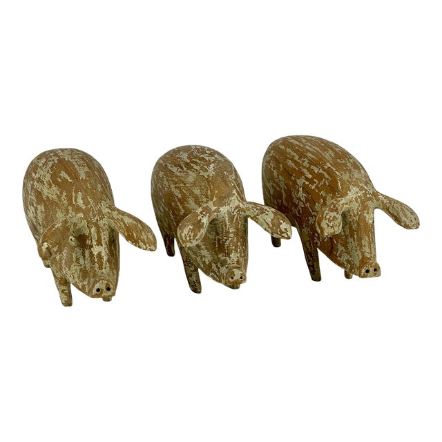1990s Set of 3 Vintage Wood Carved Pigs For Sale