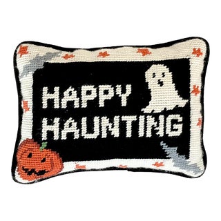 1980s Vintage Americana Halloween Decorative Needlepoint Pillow, Happy Haunting For Sale