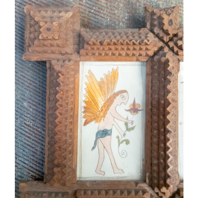Early 20th Century Folk Art Tramp Art Double Picture Frame With Watercolors For Sale - Image 4 of 15