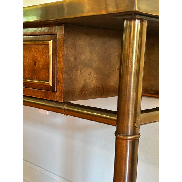 Brass 1970’s Mastercraft Attributed Brass Clad Faux Bamboo and Burl Wood 3 Drawer Console Table For Sale - Image 8 of 13