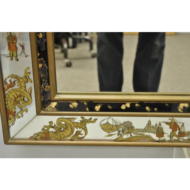 Silver Vintage Chinoiserie Figural Eglomise Reverse Painted Oriental Wall Mirror For Sale - Image 8 of 18