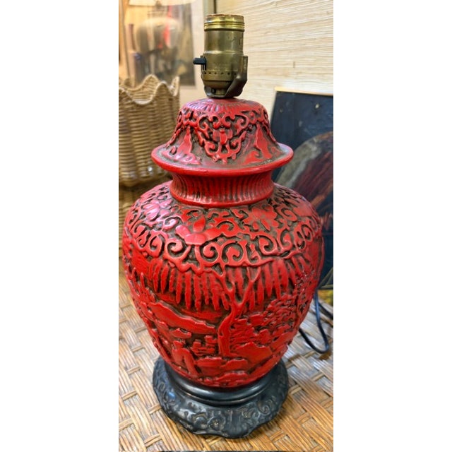 Antique Asian Red Cinnabar Lamp With Original Paper Pleated Shade For Sale In New York - Image 6 of 12