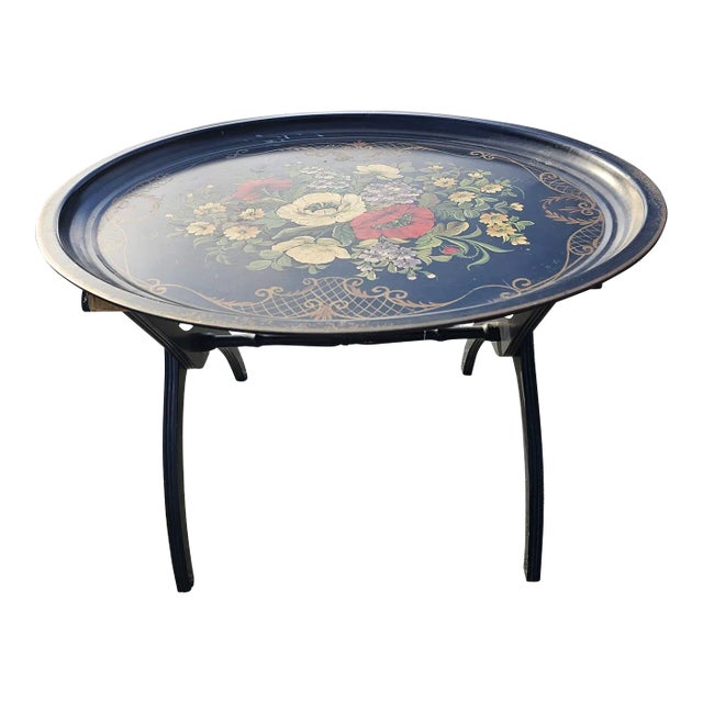 19th Century French Painted Tole Tray With Folding Stand For Sale