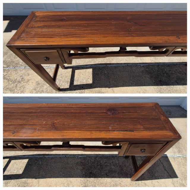 Chinese Vintage Asian Carved Elm Wood Extra Long 74” Altar Table Console Table Sideboard W/ 2 Drawers For Sale - Image 3 of 12