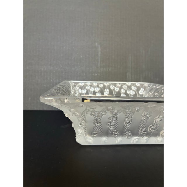 This Is a Lalique "Roses" Square Bowl, Featuring a Frosted Crystal Exterior Adorned With a Detailed Relief Pattern of Rose...