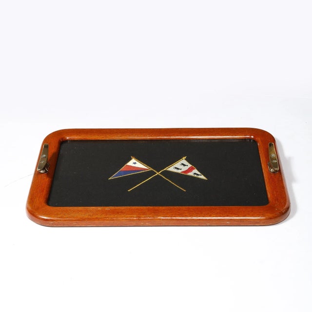 Wood 1940s Art Deco Maritime Walnut Serving Tray With Embroidered Flag & Brass Detailing For Sale - Image 7 of 10