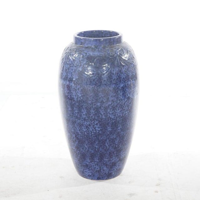 Roseville Pottery Pair Antique Roseville Art Pottery Floral Embossed Vases With Mottled Blue Glaze For Sale - Image 4 of 6
