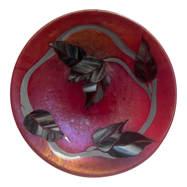Vintage Hand Made Vintage 1990’s Art Glass Bowl Leaves Insets For Sale