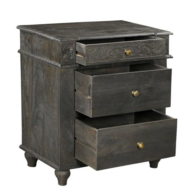Far Pavilions Transitional Style Hand Carved Solid Wood Ash Gray Nightstand With 3-Drawers For Sale - Image 4 of 4
