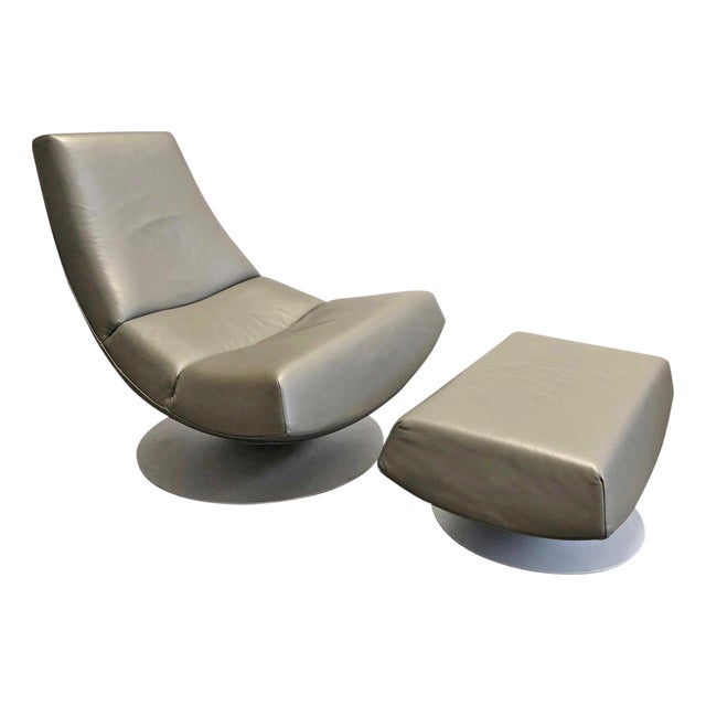 1970's Italian Leather Swivel Lounge Chair and Ottoman For Sale