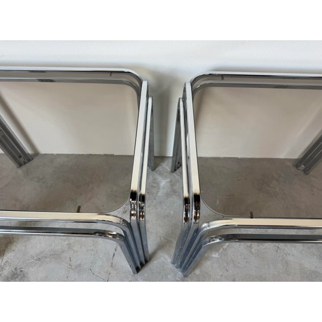 Mid-Century Modern 1970s Mid-Century Modern Chrome and Smoked Glass Side Tables – Set of 2/ Sold For Sale - Image 3 of 12