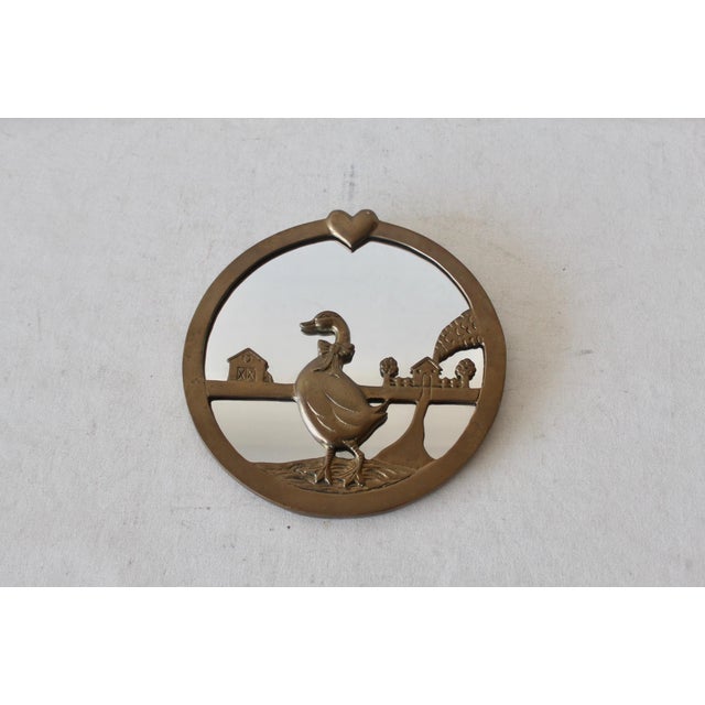 Vintage Brass Round Wall Mirror Duck Farmhouse Details, good vintage condition with some patina, hook on back for wall...