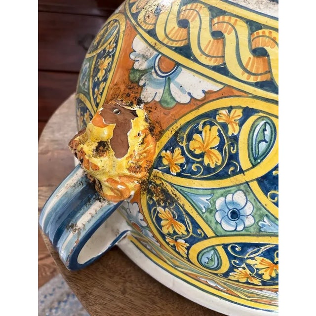 Gold Early 20th Century Enormous Tuscan Over Sized Early Twentieth Century Hand Painted Sicilian Italian Centerpiece Planter With Lionhead Handles Italy For Sale - Image 8 of 11