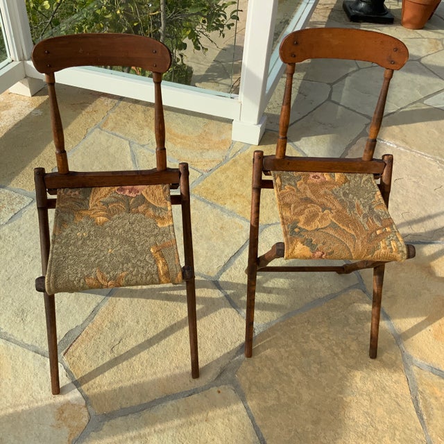 Antique Tapestry Folding Campaign Chairs - a Pair For Sale - Image 11 of 12