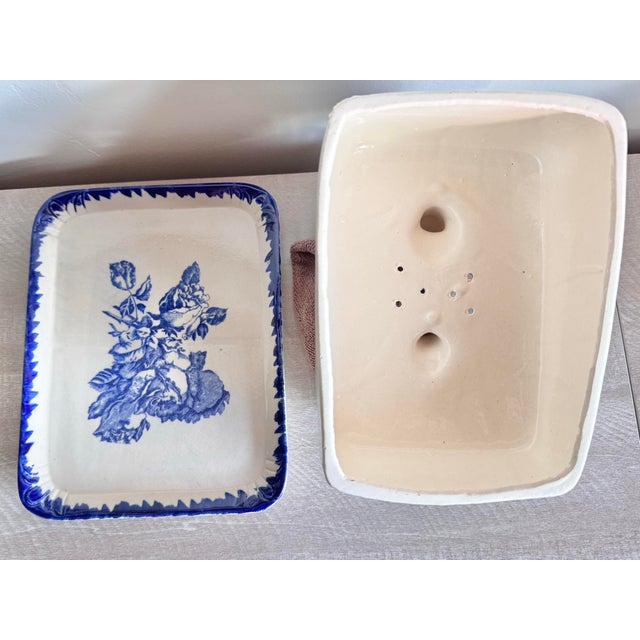 Ceramic Antique Staffordshire Ironstone Blue Rose Floral Lidded Cheese Keeper Dome For Sale - Image 7 of 12