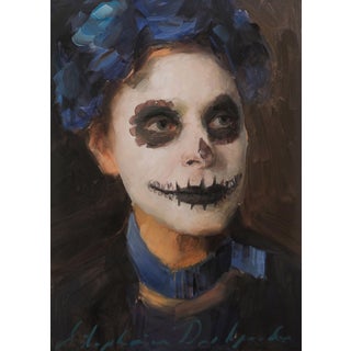 Day of the Dead Woman by Stephanie Deshpande | Oil on panel Portrait of a woman with skull makeup. For Sale