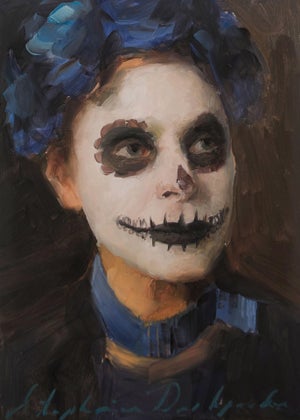 Day of the Dead Woman by Stephanie Deshpande | Oil on panel Portrait of a woman with skull makeup.
